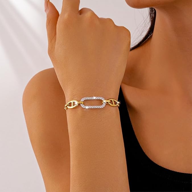 Gold Bracelets for Women Non Tarnish, Adjustable Chain Bracelet in 18K Plated Finish, Paperclip Link Chain Bracelets for Women Trendy, Sparkling CZ, Waterproof Gold Jewelry for Daily Wear