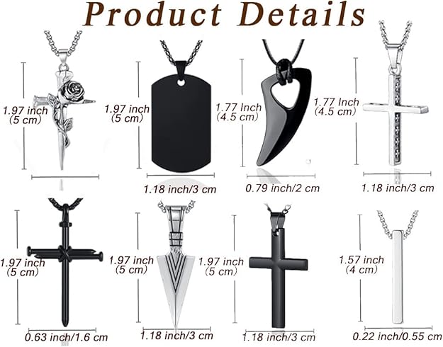 8 Pcs Necklace for Men, Mens Necklaces Jewelry Set, Black and Silver Stainless Steel Necklace, Cross Pendant Necklace, 16-24 inches Chain