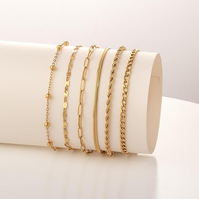 Gold Bracelets for Women, 14K Gold Plated Bracelets, 6PCS Set Dainty Stackable Paperclip Chain Bracelets, Jewelry Gifts for Lover, Mom, Friends
