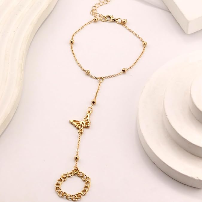 t Ring Hand Chain Bracelets Butterfly Heart Pearl Hand Jewelry Ring Bracelet for Women Summer Trendy Stuff