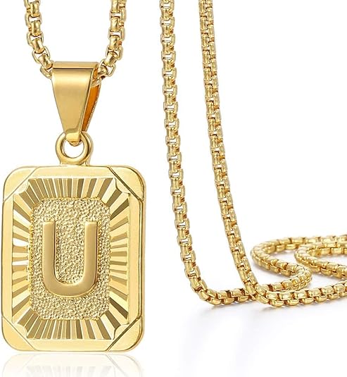 Initial A-Z Letter Pendant Necklace Mens Womens Capital Letter Yellow Gold Plated Stainless Steel Box Chain 22inch