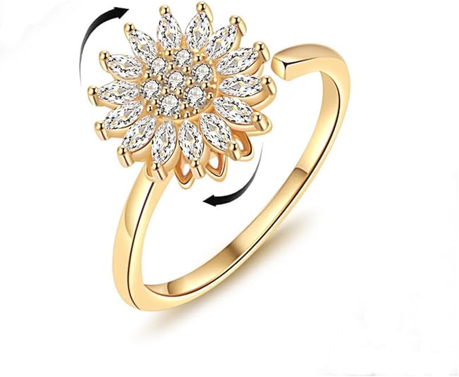 Sunflower Fidget Ring for Women Gold Anxiety Crystal Rings Cubic Zirconia Sunflower Open Adjustable Fidget Ring Spinner Sun Ring for Men Trendy Jewelry