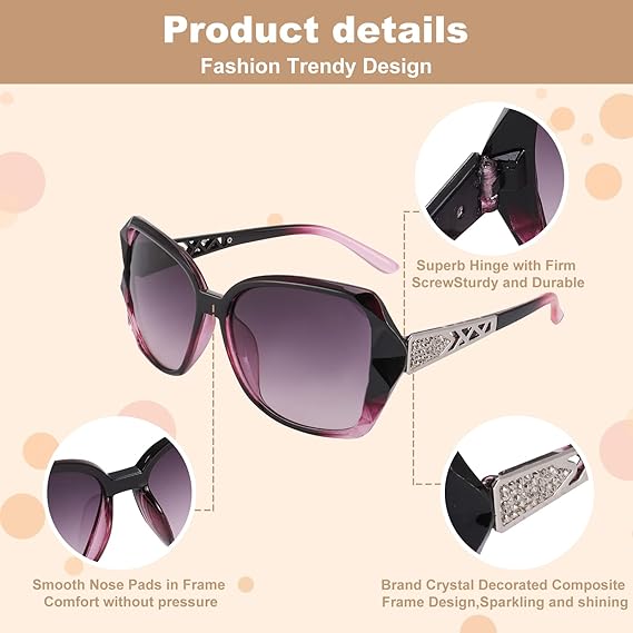4 Pcs Women Large Sunglasses, UV 400 Glasses Oversized Classic Trend Ladies Sunglasses Sparkling Large Frame