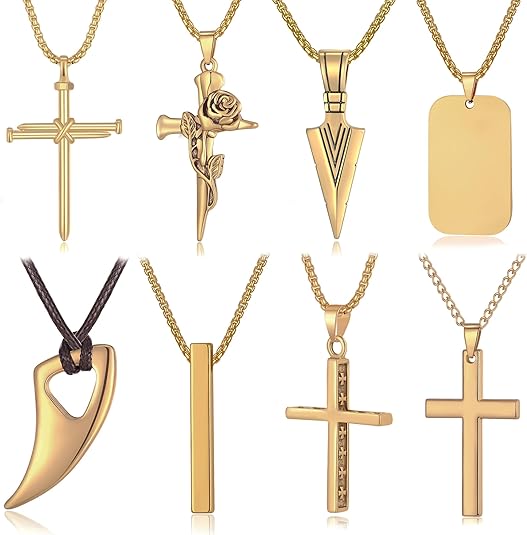 8 Pcs Necklace for Men, Mens Necklaces Jewelry Set, Black and Silver Stainless Steel Necklace, Cross Pendant Necklace, 16-24 inches Chain