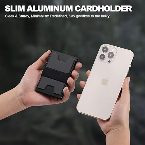 Slim Aluminum Card Holder Wallet for Men, Durable Expandable Backplate, RFID Blocking Minimalist Metal Pop Up Wallet, Holds 12+ Cards Plus Cash (Black)