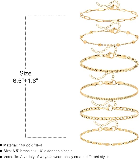 Gold Bracelets for Women, 14K Gold Plated Bracelets, 6PCS Set Dainty Stackable Paperclip Chain Bracelets, Jewelry Gifts for Lover, Mom, Friends