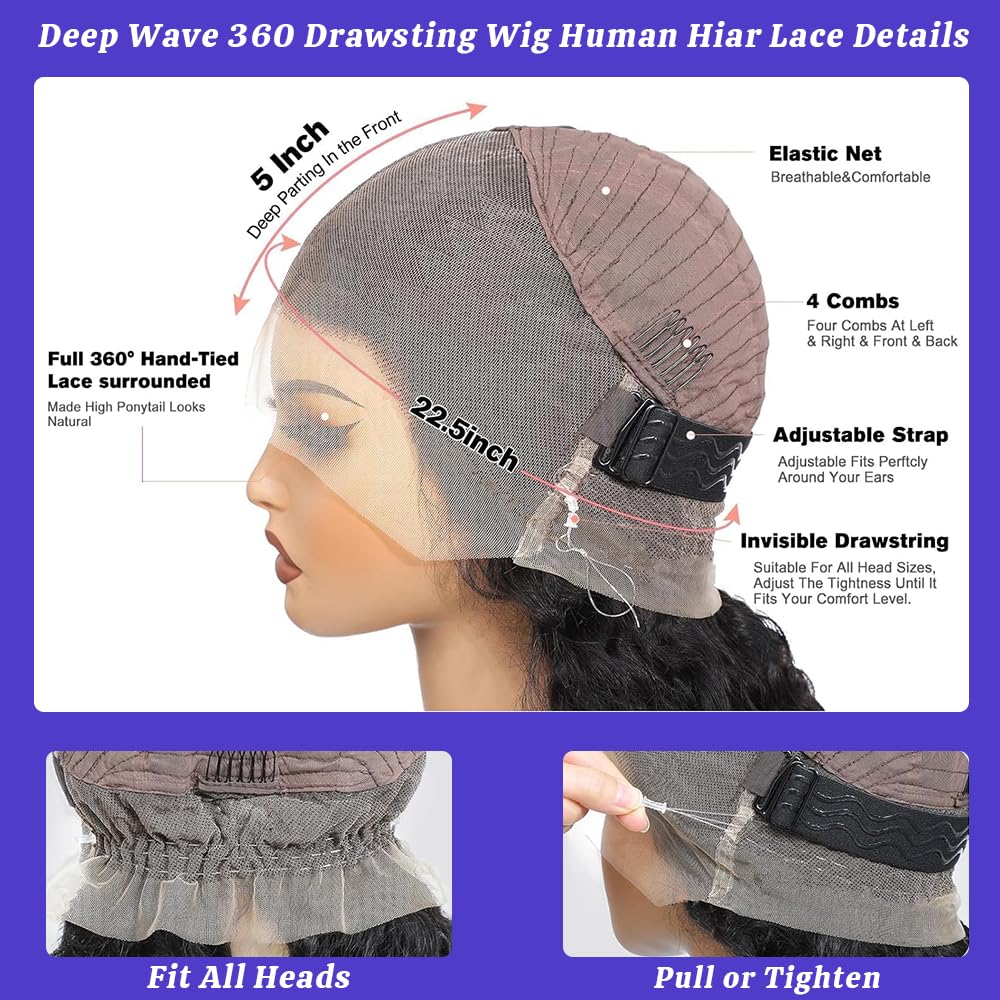 Deep Wave 360 Lace Front Wigs Human Hair 28 Inch Invisi Strap HD Full Lace Front Wigs Human Hair Pre Plucked with Drawstring 180 Density Curly Wig 360 Glueless Lace Frontal Wigs for Women