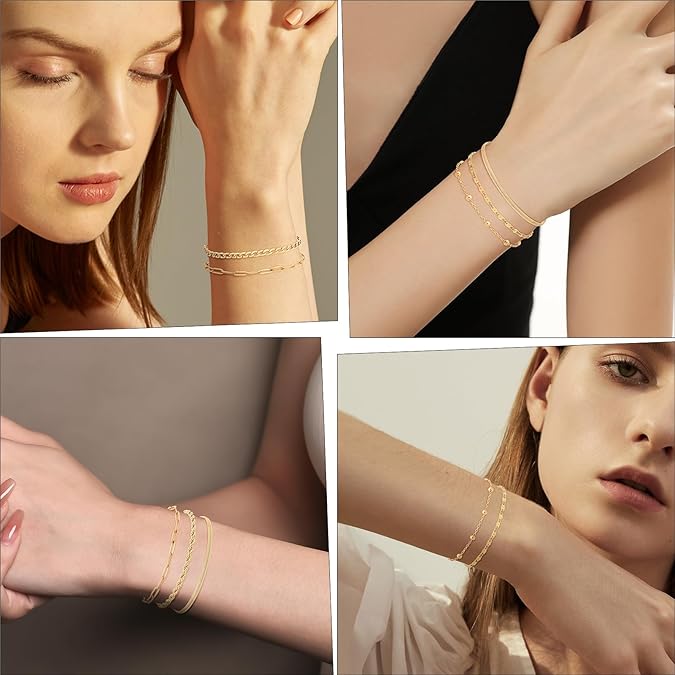 Gold Bracelets for Women, 14K Gold Plated Bracelets, 6PCS Set Dainty Stackable Paperclip Chain Bracelets, Jewelry Gifts for Lover, Mom, Friends