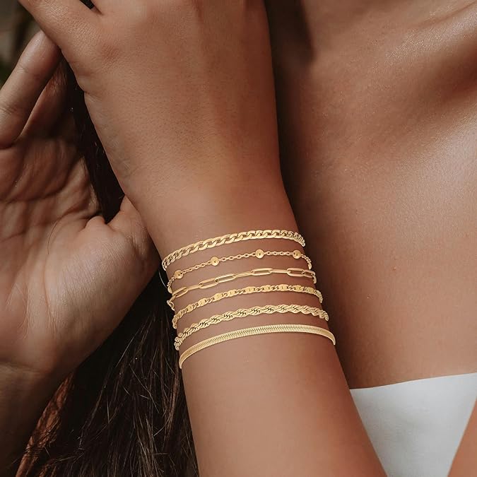 Gold Bracelets for Women, 14K Gold Plated Bracelets, 6PCS Set Dainty Stackable Paperclip Chain Bracelets, Jewelry Gifts for Lover, Mom, Friends