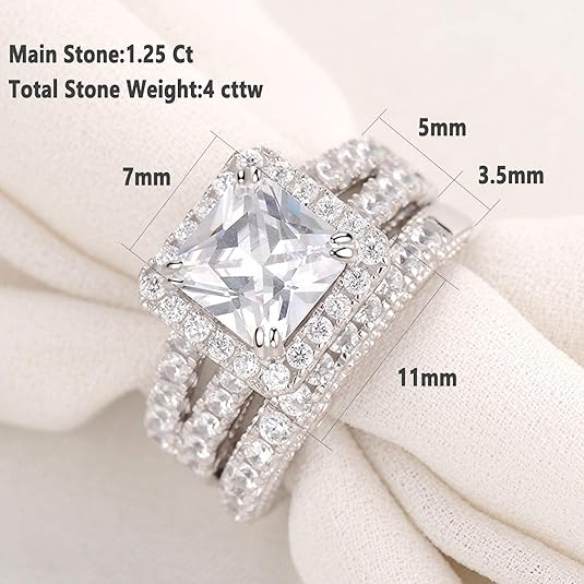 4Ct Engagement Rings for Women Sterling Silver Cubic Zirconia Wedding Bridal Ring Set Size 4-13