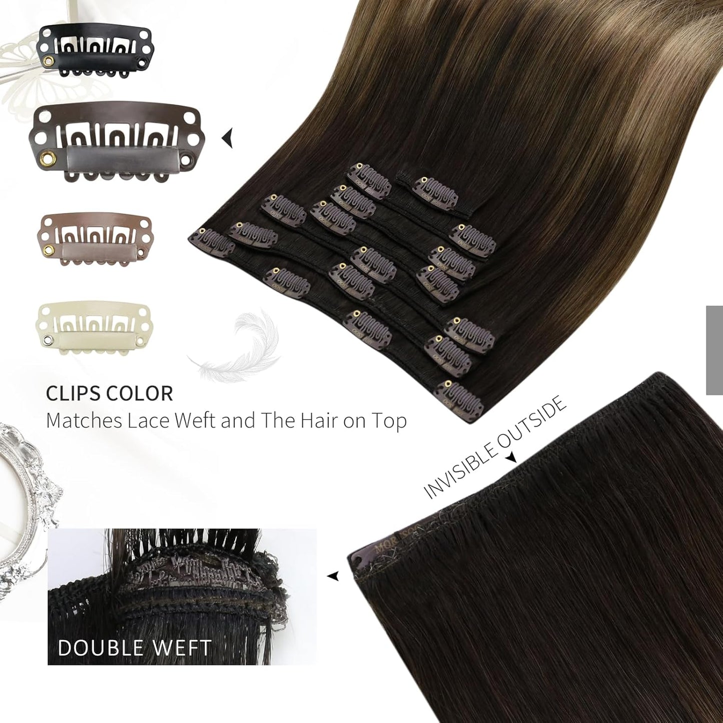 Hair Extensions Real Human Hair Balayage Human Hair Clip in Extensions Ombre Dark Brown to Golden Brown with Dark Ash Blonde Hair Extensions for Women 7Pcs 120G 18inch