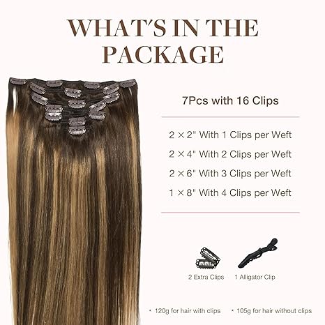 Clip in Hair Extensions Real Human Hair, Remy Human Hair Extensions Clip ins for Women, Natural Human Hair, 18inch 120g 7Pcs, 4/27/4 Balayage Chocolate Brown to Caramel Blonde
