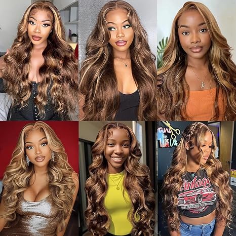 Honey Blonde Ombre Lace Front Wig Human Hair Highlight Wig Human Hair 4/27 Colored Body Wave HD Lace Front Wigs Human Hair Pre Plucked with Baby Hair Frontal Wigs for Women 180% Density 28 Inch