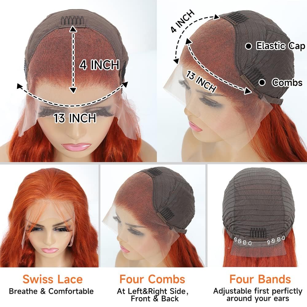 Ginger Lace Front Wigs Human Hair Body Wave 13x4 Transparent HD Lace Frontal Wigs Pre Plucked with Baby Hair for Black Women Human Hair Glueless Colored Wigs 28 inch