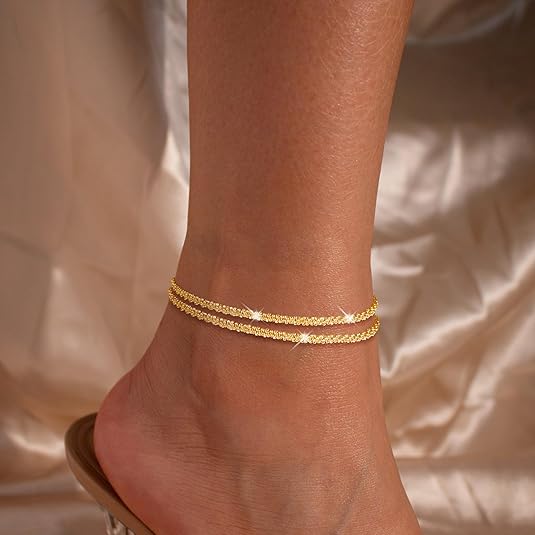 Ankle Bracelets for Women, Glitter Waterproof Adjustable Anklet for Women, 14K Gold Plated/Sterling Silver Layered Anklets, Summer Beach Anklet Jewelry for Women Gift