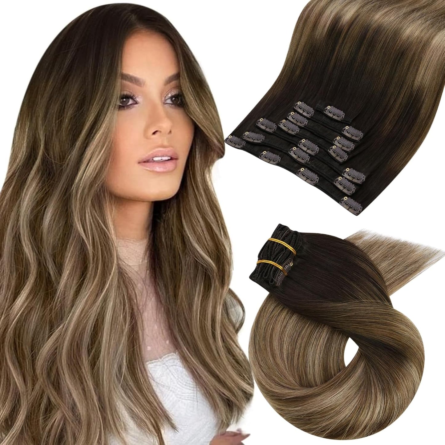 Hair Extensions Real Human Hair Balayage Human Hair Clip in Extensions Ombre Dark Brown to Golden Brown with Dark Ash Blonde Hair Extensions for Women 7Pcs 120G 18inch
