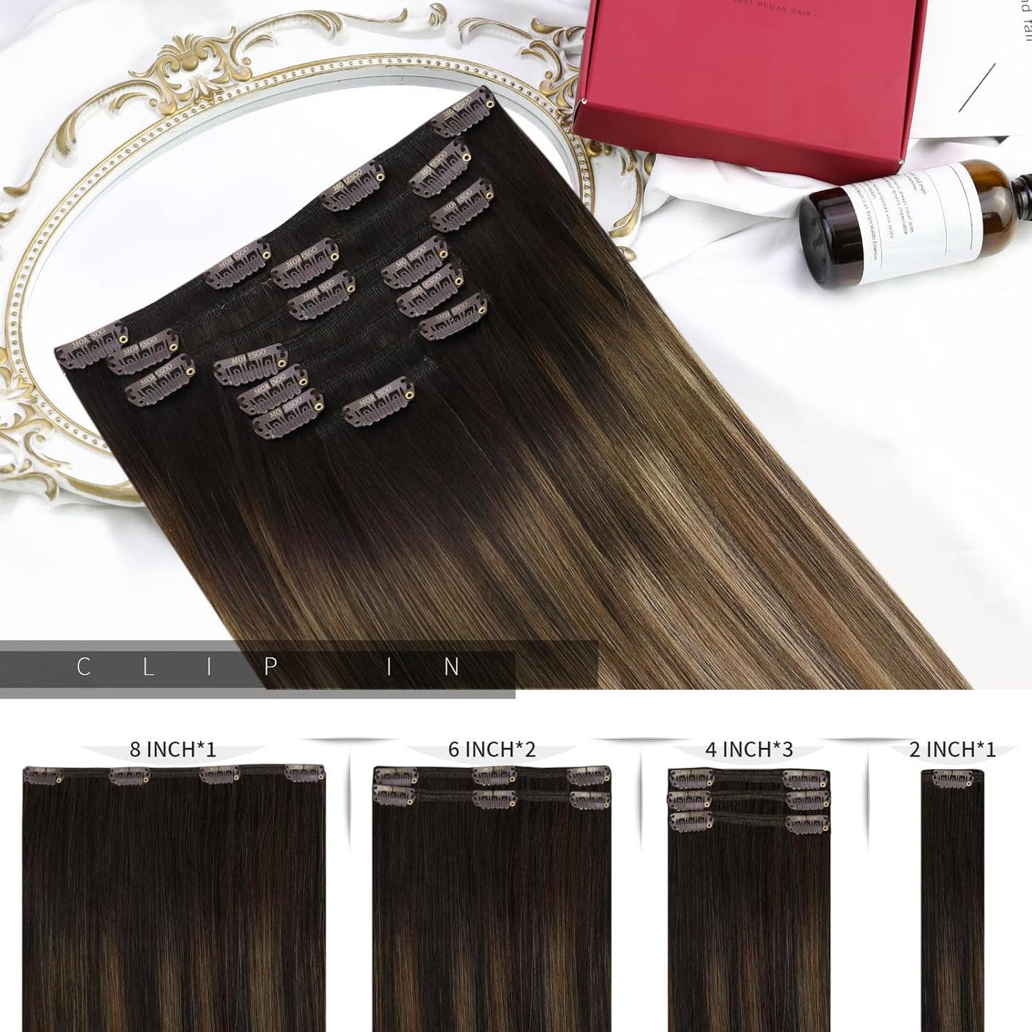 Hair Extensions Real Human Hair Balayage Human Hair Clip in Extensions Ombre Dark Brown to Golden Brown with Dark Ash Blonde Hair Extensions for Women 7Pcs 120G 18inch