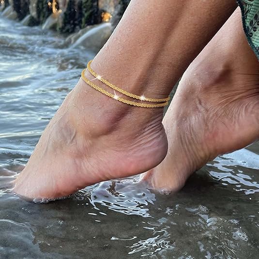 Ankle Bracelets for Women, Glitter Waterproof Adjustable Anklet for Women, 14K Gold Plated/Sterling Silver Layered Anklets, Summer Beach Anklet Jewelry for Women Gift