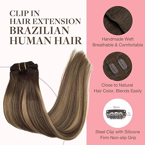 Clip in Hair Extensions Real Human Hair, Remy Human Hair Extensions Clip ins for Women, Natural Human Hair, 18inch 120g 7Pcs, 4/27/4 Balayage Chocolate Brown to Caramel Blonde