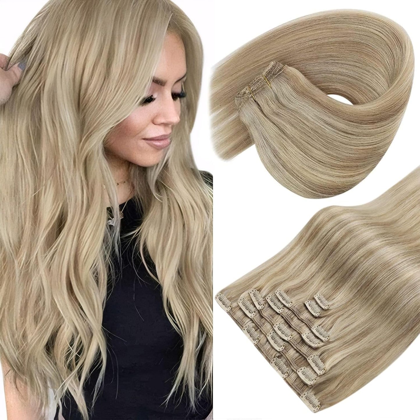 Hair Clip in Hair Extensions Straight Human Hair Clip in Extensions Remy Clip in Hair Extensions Real Human Hair Extensions Clip ins Golden Blonde Highlights Light Blonde 18inch