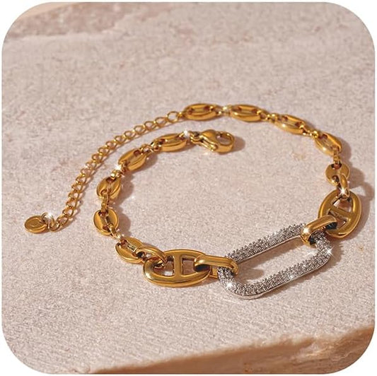 Gold Bracelets for Women Non Tarnish, Adjustable Chain Bracelet in 18K Plated Finish, Paperclip Link Chain Bracelets for Women Trendy, Sparkling CZ, Waterproof Gold Jewelry for Daily Wear