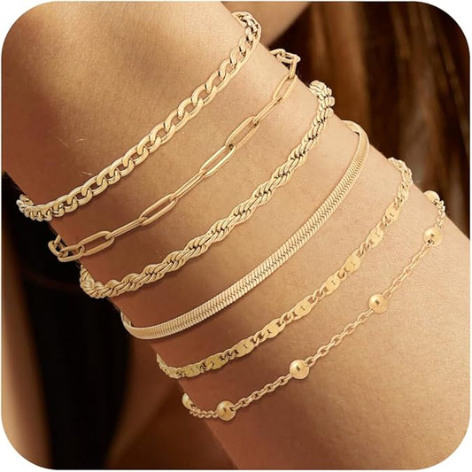 Gold Bracelets for Women, 14K Gold Plated Bracelets, 6PCS Set Dainty Stackable Paperclip Chain Bracelets, Jewelry Gifts for Lover, Mom, Friends