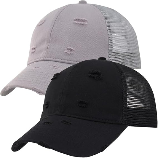 2 Pack Distressed Soft Trucker Hat for Women Men – Vintage Look with Inner Lining, Soft Mesh Back, Snapback Adjustable