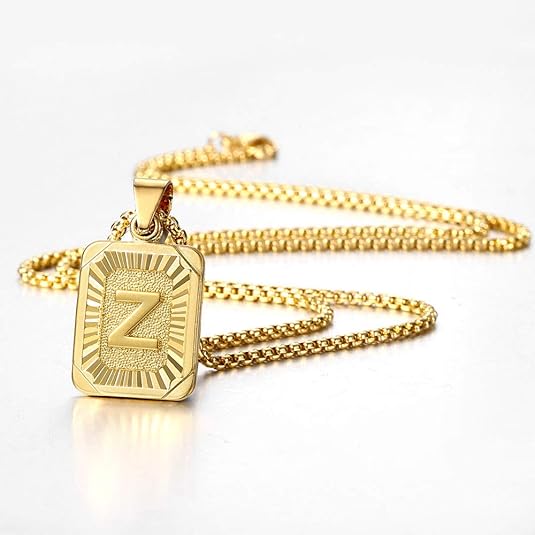 Initial A-Z Letter Pendant Necklace Mens Womens Capital Letter Yellow Gold Plated Stainless Steel Box Chain 22inch