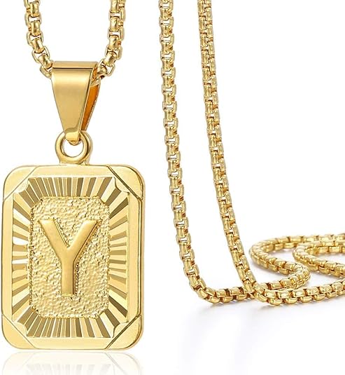 Initial A-Z Letter Pendant Necklace Mens Womens Capital Letter Yellow Gold Plated Stainless Steel Box Chain 22inch