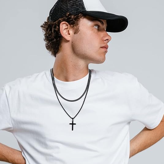 Cross Necklace for Men, Gold Black Silver[18 inch-20 inch] Mens Cross Necklaces Stainless Steel Cross Pendant Necklace Simple Jewelry Gifts Cross Chain Necklace for Men