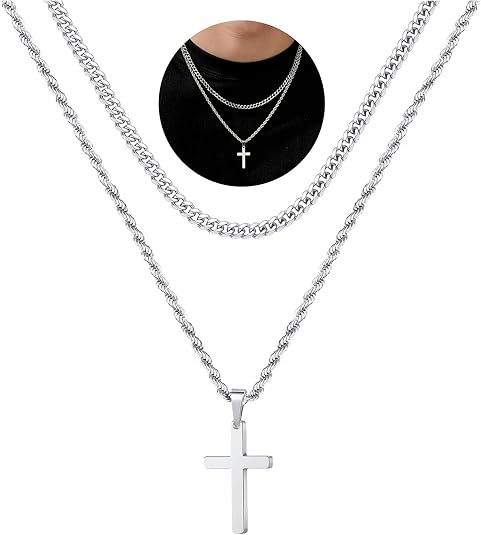 Cross Necklace for Men, Gold Black Silver[18 inch-20 inch] Mens Cross Necklaces Stainless Steel Cross Pendant Necklace Simple Jewelry Gifts Cross Chain Necklace for Men