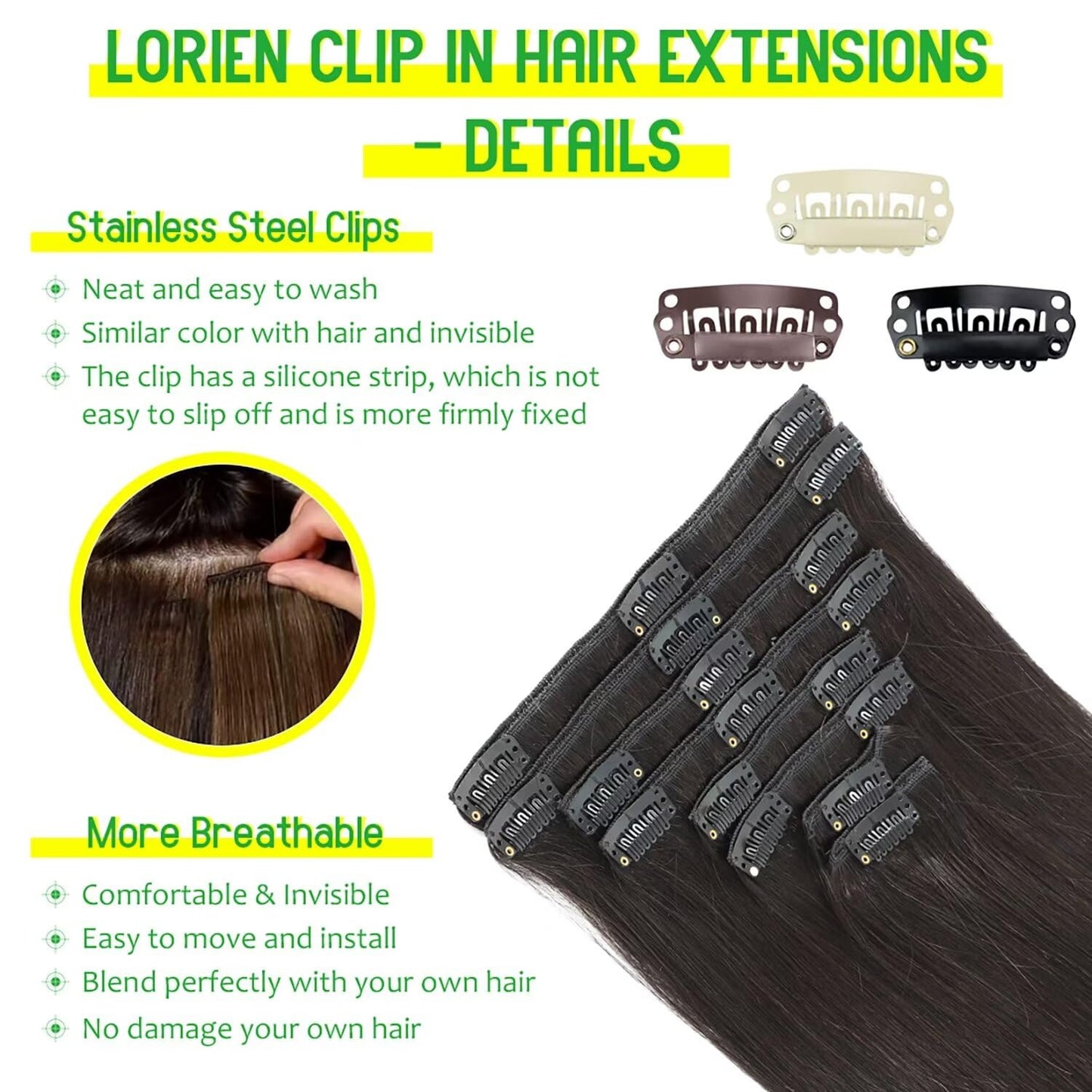 Hair Extensions Real Human Hair, 18 Inch 100g/3.6oz, 1B Natural Black, Clip in 100% Brazilian Remy Human Hair Extensions 8pcs Per Set with 18 Clips Double Weft
