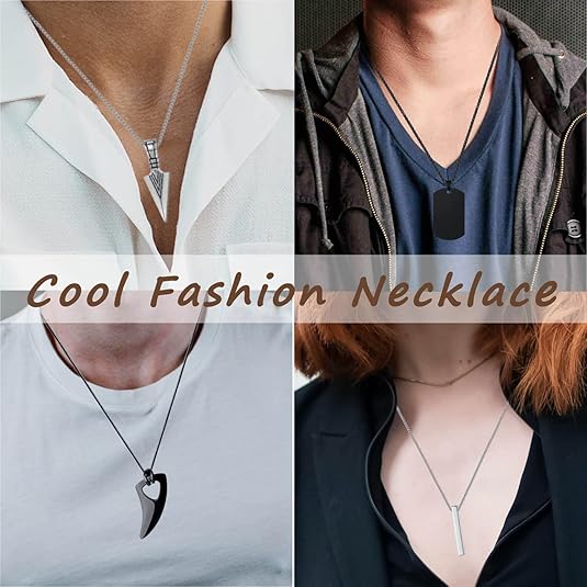 8 Pcs Necklace for Men, Mens Necklaces Jewelry Set, Black and Silver Stainless Steel Necklace, Cross Pendant Necklace, 16-24 inches Chain