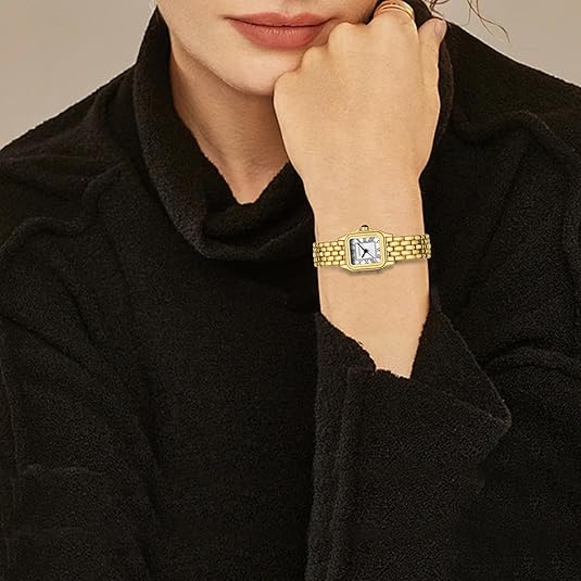 Gold Watches for Women with Small Vintage Bracelet, Rectangular Case Roman Dial