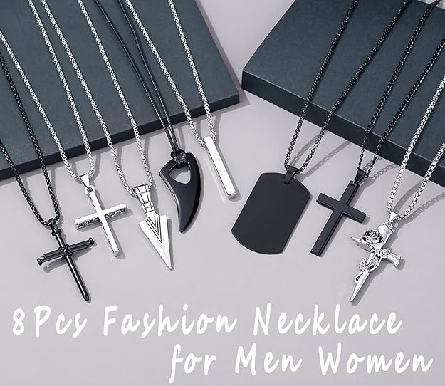 8 Pcs Necklace for Men, Mens Necklaces Jewelry Set, Black and Silver Stainless Steel Necklace, Cross Pendant Necklace, 16-24 inches Chain