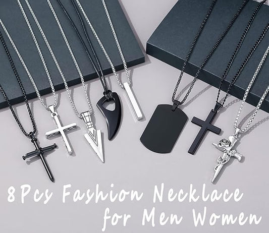 8 Pcs Necklace for Men, Mens Necklaces Jewelry Set, Black and Silver Stainless Steel Necklace, Cross Pendant Necklace, 16-24 inches Chain