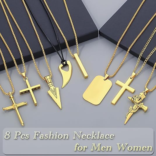 8 Pcs Necklace for Men, Mens Necklaces Jewelry Set, Black and Silver Stainless Steel Necklace, Cross Pendant Necklace, 16-24 inches Chain