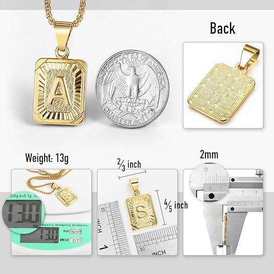 Initial A-Z Letter Pendant Necklace Mens Womens Capital Letter Yellow Gold Plated Stainless Steel Box Chain 22inch