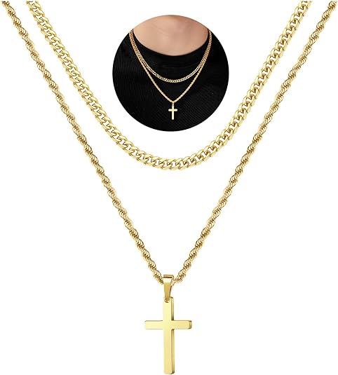 Cross Necklace for Men, Gold Black Silver[18 inch-20 inch] Mens Cross Necklaces Stainless Steel Cross Pendant Necklace Simple Jewelry Gifts Cross Chain Necklace for Men