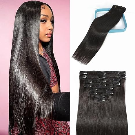 Hair Extensions Real Human Hair, 18 Inch 100g/3.6oz, 1B Natural Black, Clip in 100% Brazilian Remy Human Hair Extensions 8pcs Per Set with 18 Clips Double Weft