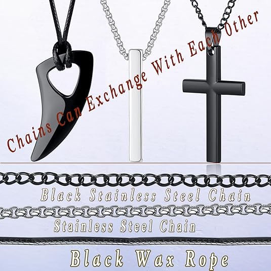 8 Pcs Necklace for Men, Mens Necklaces Jewelry Set, Black and Silver Stainless Steel Necklace, Cross Pendant Necklace, 16-24 inches Chain