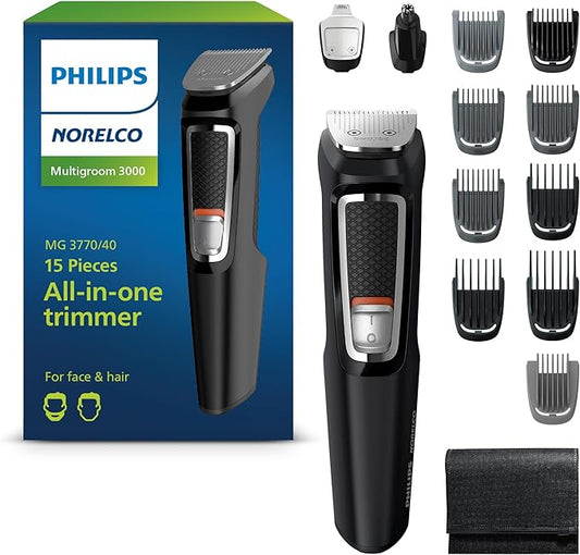 Norelco Philips Multigroom 3000 Series, All-in-One Trimmer, Beard Trimmer and Hair Clipper, 15-Piece Men's Grooming Kit for Head, Beard, Face, Nose, Ears, No Blade Oil Needed, Soft Pouch, MG3770/40