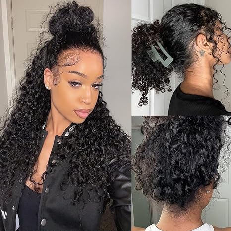 Deep Wave 360 Lace Front Wigs Human Hair 28 Inch Invisi Strap HD Full Lace Front Wigs Human Hair Pre Plucked with Drawstring 180 Density Curly Wig 360 Glueless Lace Frontal Wigs for Women