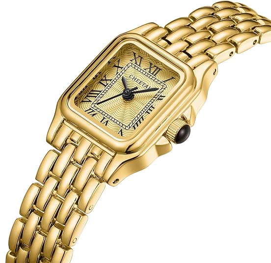Gold Watches for Women with Small Vintage Bracelet, Rectangular Case Roman Dial