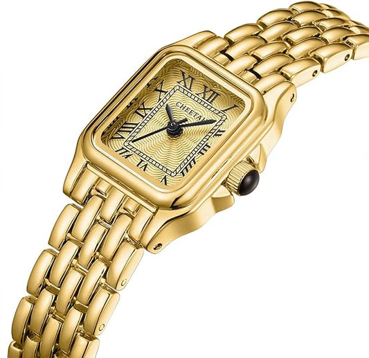 Gold Watches for Women with Small Vintage Bracelet, Rectangular Case Roman Dial