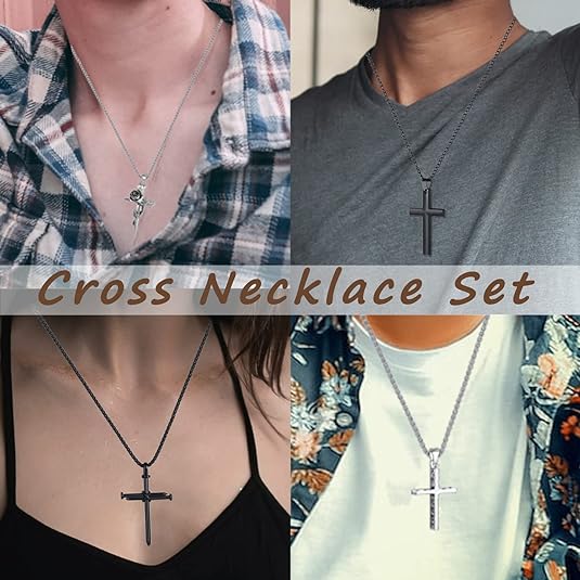 8 Pcs Necklace for Men, Mens Necklaces Jewelry Set, Black and Silver Stainless Steel Necklace, Cross Pendant Necklace, 16-24 inches Chain
