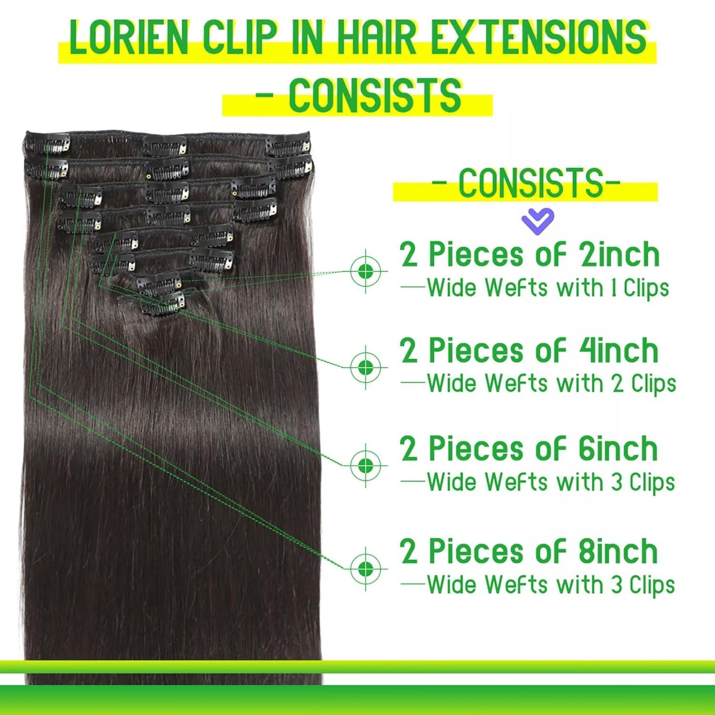 Hair Extensions Real Human Hair, 18 Inch 100g/3.6oz, 1B Natural Black, Clip in 100% Brazilian Remy Human Hair Extensions 8pcs Per Set with 18 Clips Double Weft