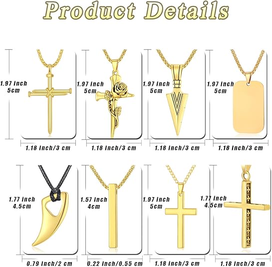 8 Pcs Necklace for Men, Mens Necklaces Jewelry Set, Black and Silver Stainless Steel Necklace, Cross Pendant Necklace, 16-24 inches Chain