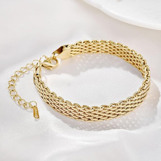14K gold bracelets for women Adjustable gold plated Link Bracelets - Non Tarnish, Waterproof Mesh & Bangle Bracelets Lightweight Trendy Chunky Chain