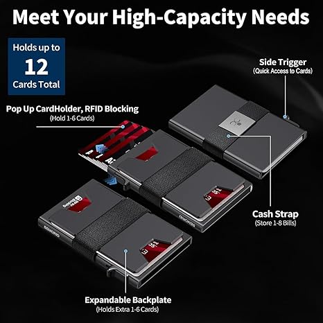 Slim Aluminum Card Holder Wallet for Men, Durable Expandable Backplate, RFID Blocking Minimalist Metal Pop Up Wallet, Holds 12+ Cards Plus Cash (Black)